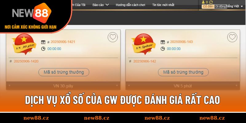 Dịch vụ xổ số của GW được đánh giá rất cao